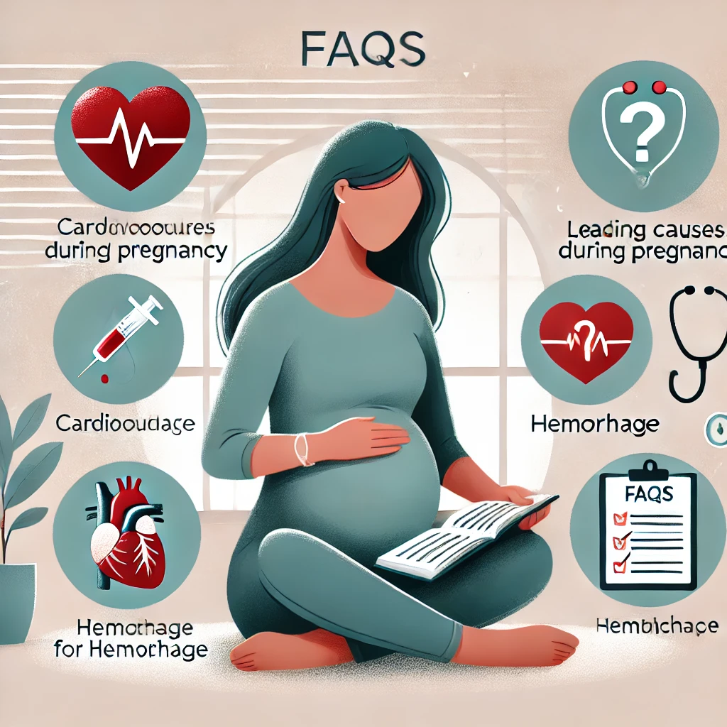 DALL·E 2024 12 05 11.57.38 An educational illustration showing a collection of frequently asked questions FAQs about the leading causes of maternal mortality during pregnancy
